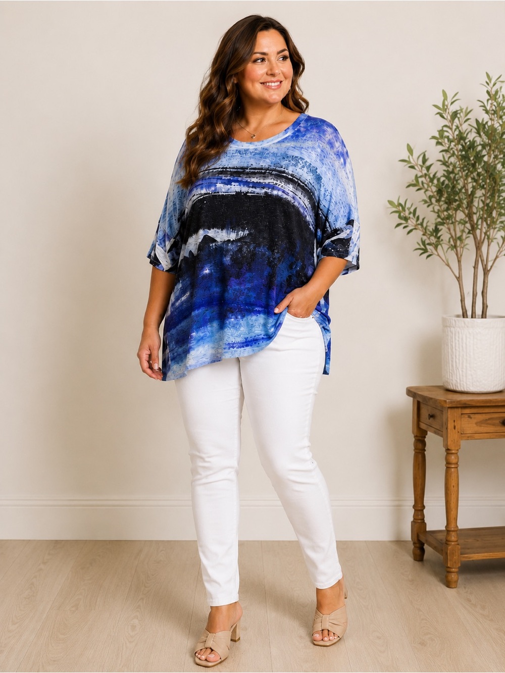 Jess & Jane Artsy Abstract Oversized Knit Top Blue Made USA Medium